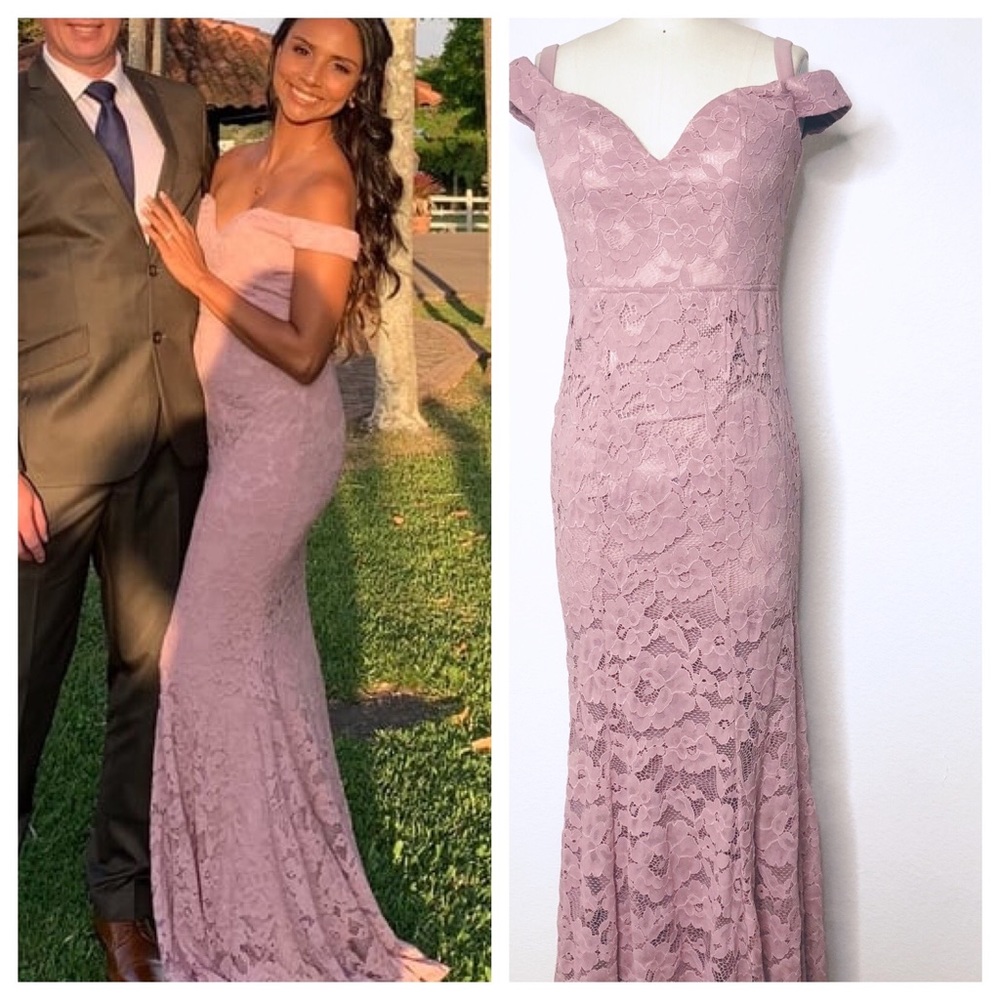 Lulu's Mauve Lace Off-Shoulder Wedding Guest Gown
